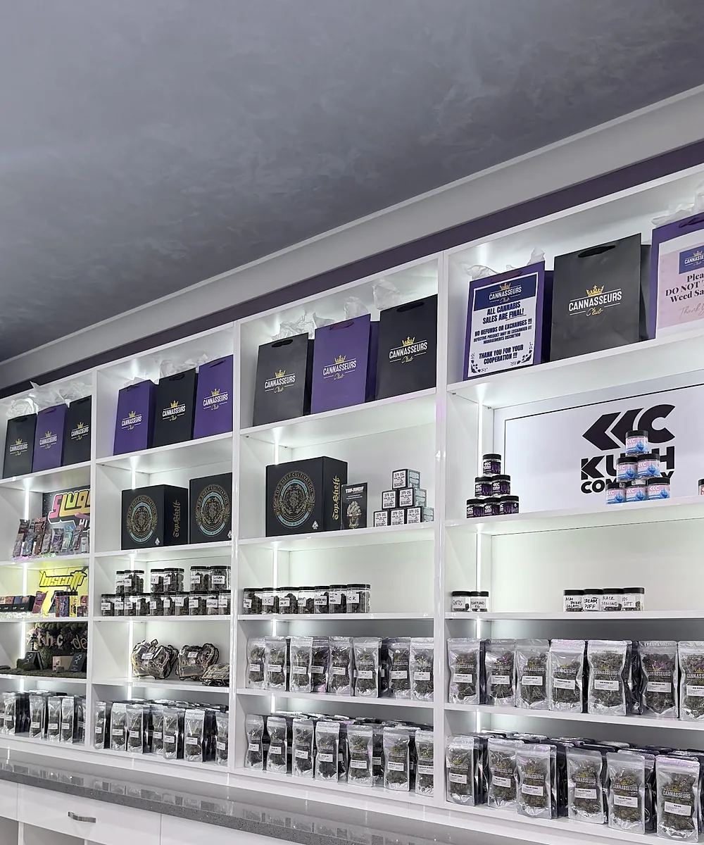 Brand shelves at Cannasseurs Club in North Hollywood