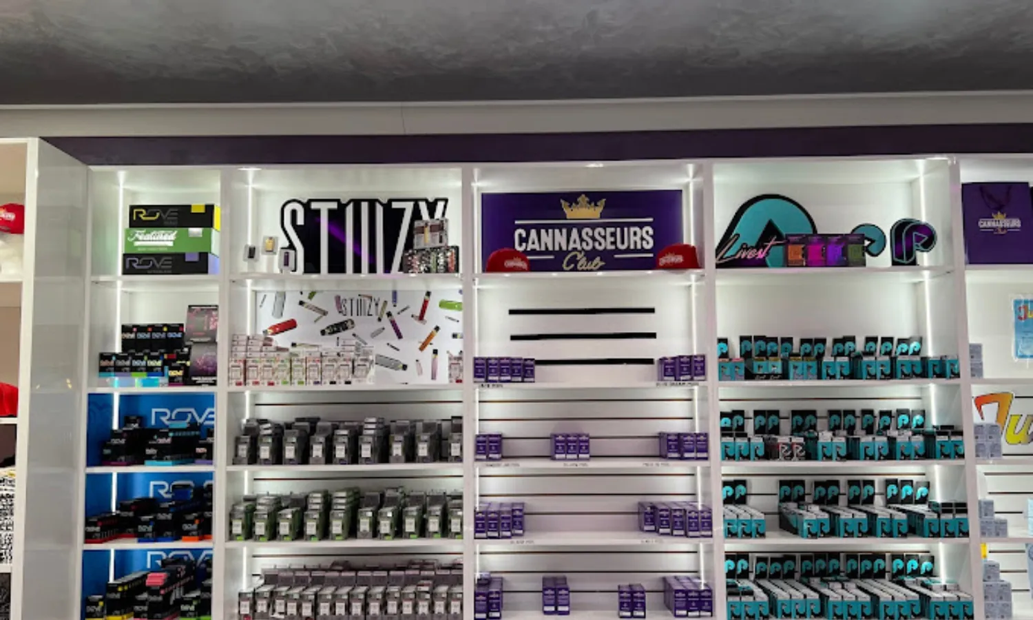 Brand shelves at Cannasseurs Club, North Hollywood