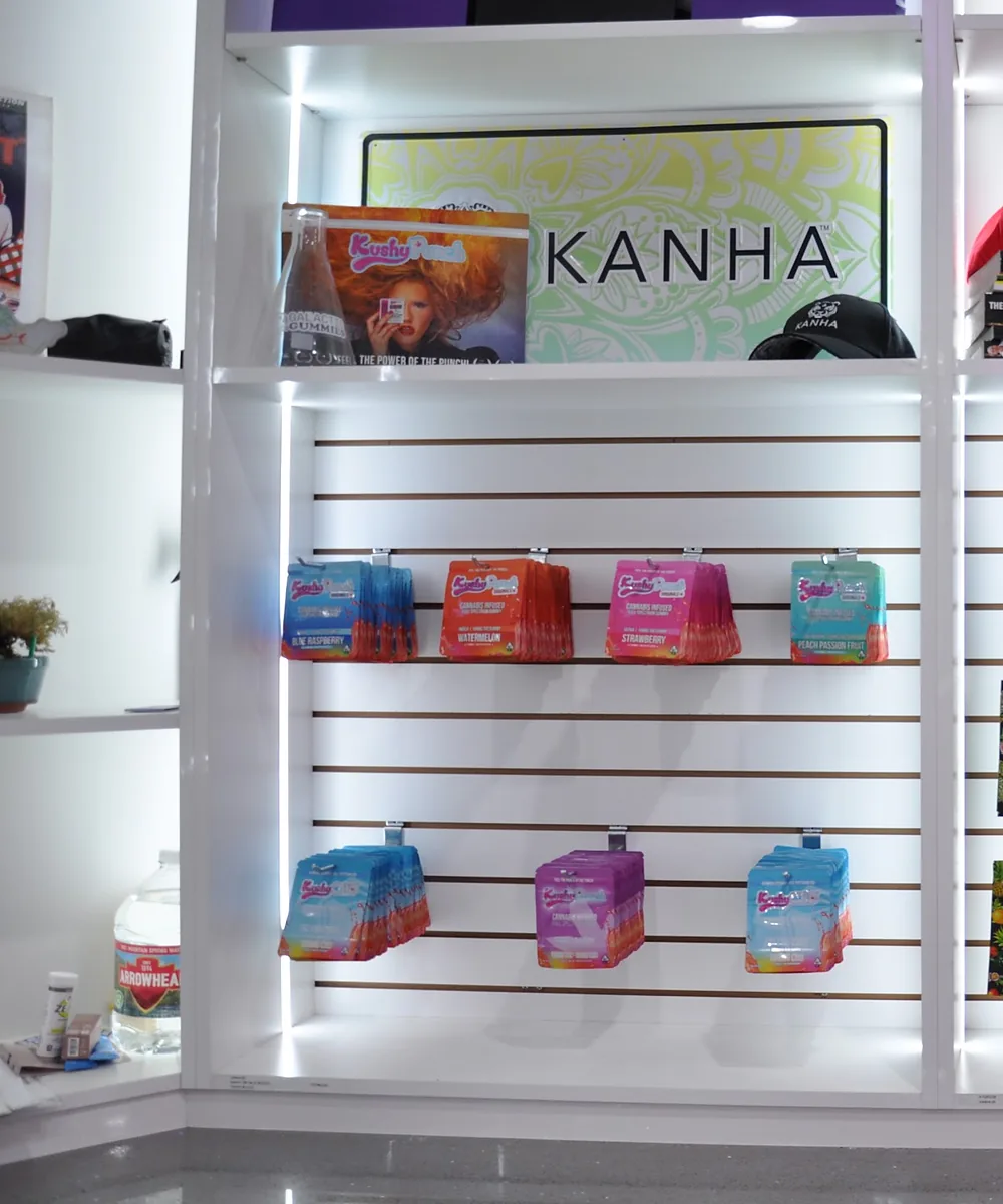 Kanha gummies on the Kanha shelf at Cannasseurs Club in North Hollywood