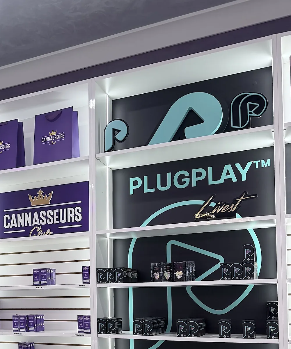 PlugPlay display on the vape wall at Cannasseurs Club in North Hollywood