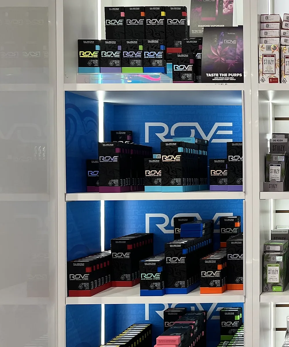 Rove Live Resin Diamonds on the blue Rove shelves at Cannasseurs Club, North Hollywood