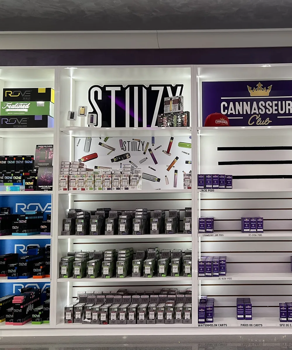 STIIIZY section of the vape wall at Cannasseurs Club in North Hollywood