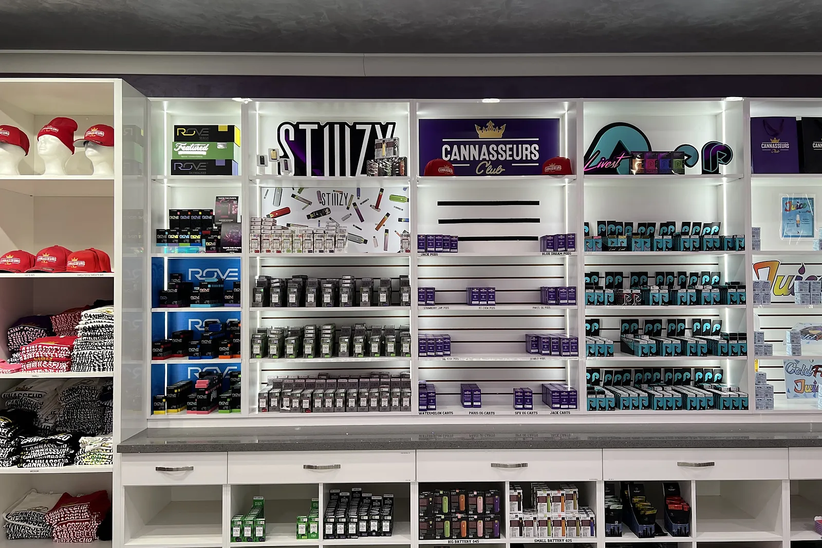 STIIIZY section of the vape wall at Cannasseurs Club in North Hollywood